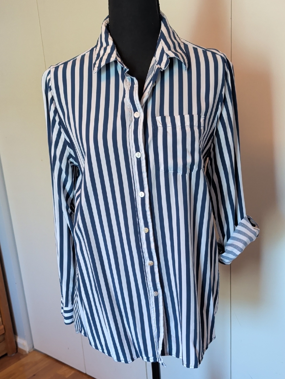Navy and White Vertical Stripe Button-Up Shirt